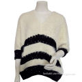 Ladies v neck pullover sweater with Furry yarns , black sequin stitch